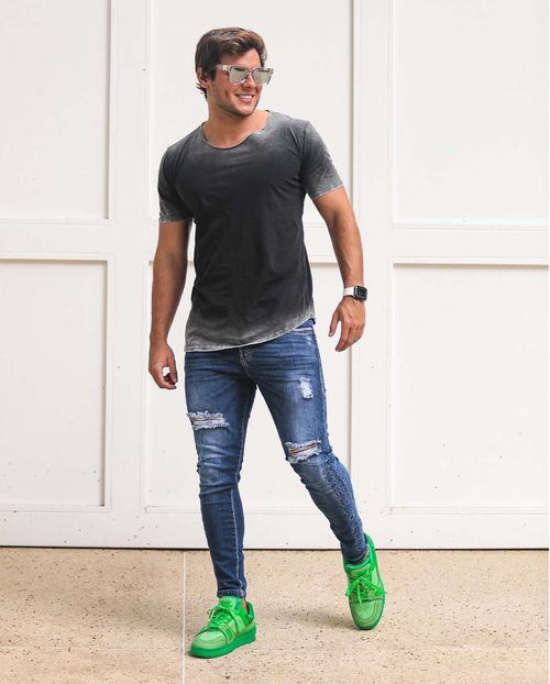 Calça Jeans Masculina Super Skinny Rasgada Bordada - Linha Itália  21172 Escura Rasgada
