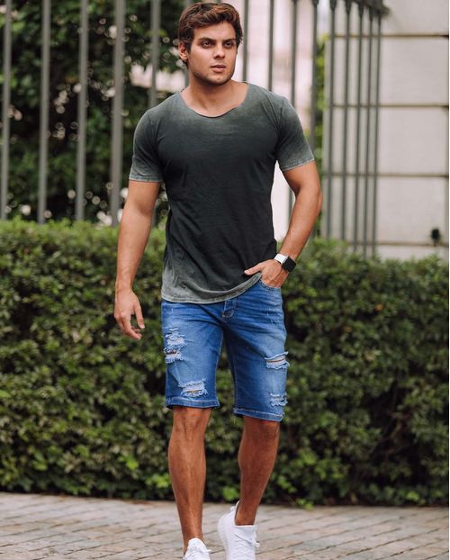 Bermuda Jeans Masculina com Rasgos e Puídos - Linha Itália 21595 Escura Rasgada