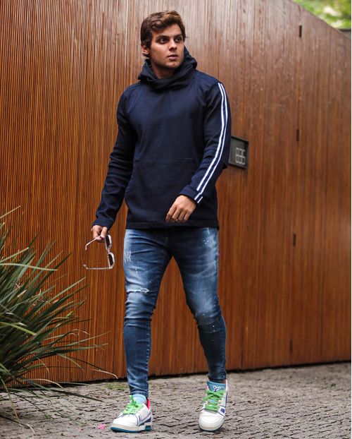 Calça Jeans Masculina Super Skinny com Puídos e Respingos Brancos - Linha Itália 21494 Escura