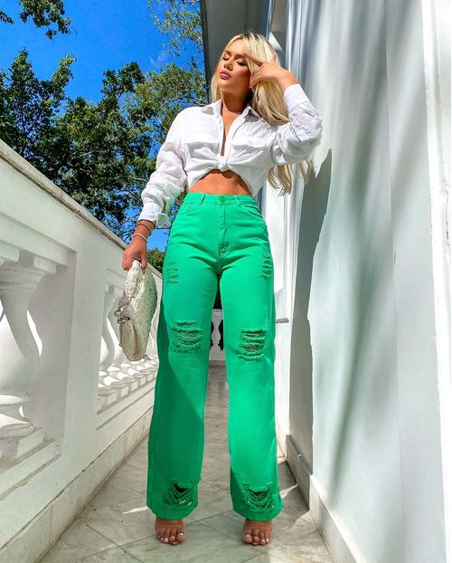 Calça Feminina Wide Leg Verde Rasgada   29011vr Unica
