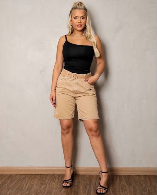 Bermuda Feminina  Baggy Cáqui com Cinto Revestido   21276 Unica