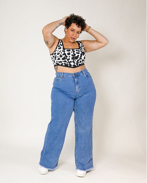 Calça Jeans Feminina Wide Leg Plus com Barra Desfiada 29003 Média