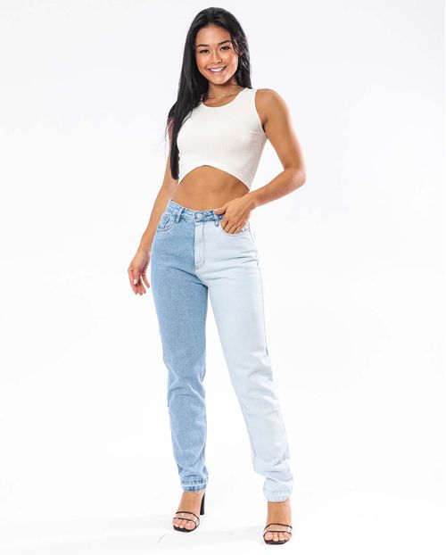 Calça Jeans Feminina Mom Bicolor   21448 Unica