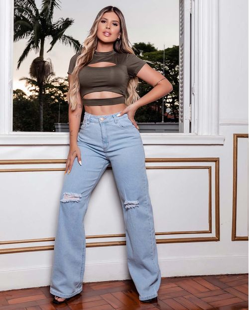 Calça Jeans Feminina Wide Leg Clara Rasgada com Elastano   29007 Unica