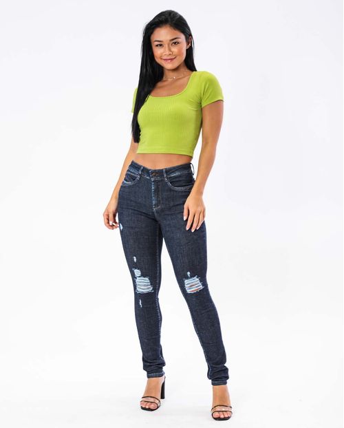 Calça Jeans Feminina Skinny Intermediaria Extreme Power com Rasgos e Puídos 21546 Escura Rasgada