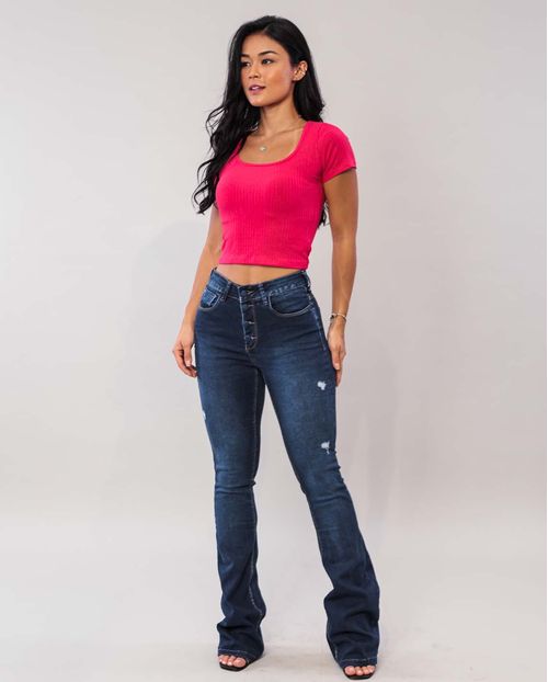 Calça Jeans Feminina Flare com Puidos e Botões Revestidos 21719 Escura