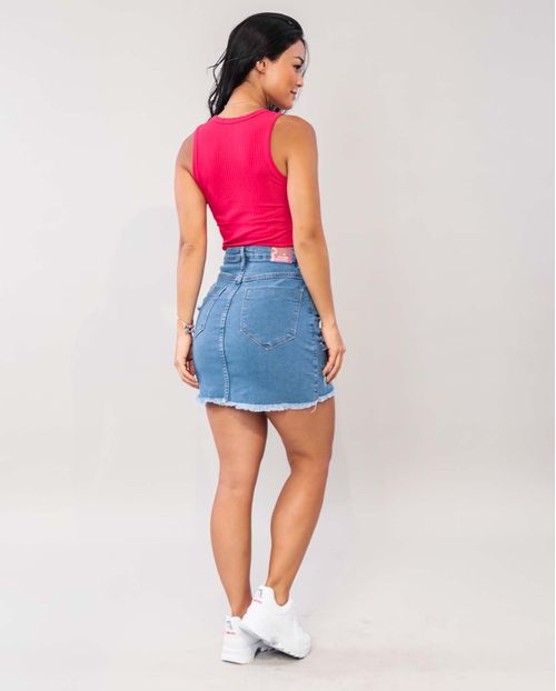 Mini Saia Jeans Feminina com Rasgos, Puídos e Barra Desfiada  21717 Média Rasgada
