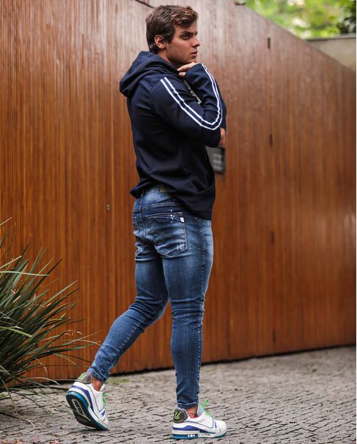 Calça Jeans Masculina Super Skinny com Puídos e Respingos Brancos - Linha Itália 21494 Escura