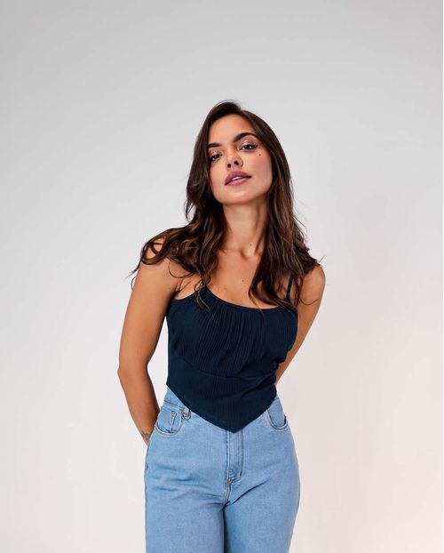 Blusinha Feminina Canelada Cropped com Alcinha Azul   90079a Unica