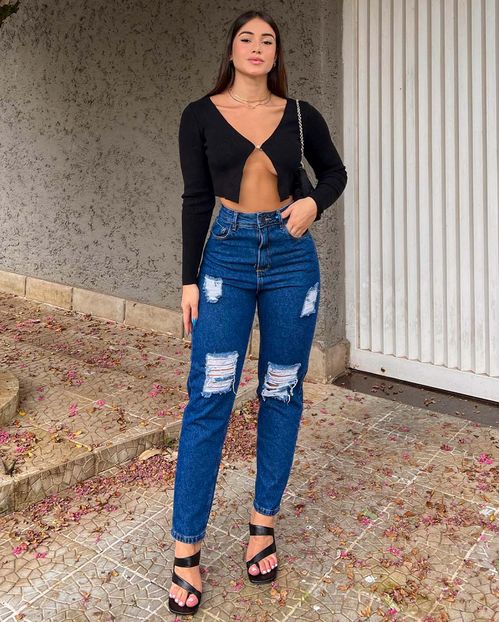 Calça Jeans Feminina Mom 101 Vibes com Rasgos e Puídos 00106 Escura Rasgada