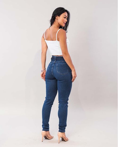 Calça Jeans Feminina Mom Escura com Elastano e Cinto Revestido   00219 Escura