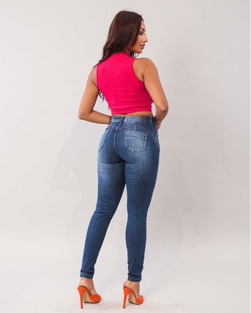 Calça Jeans Feminina Skinny Intermediaria com Pence Na Barra e Puídos  21749
 Escura