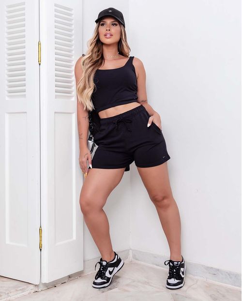 Conjunto Feminino Moletinho Preto Regata Cropped e Shorts   90096p Unica