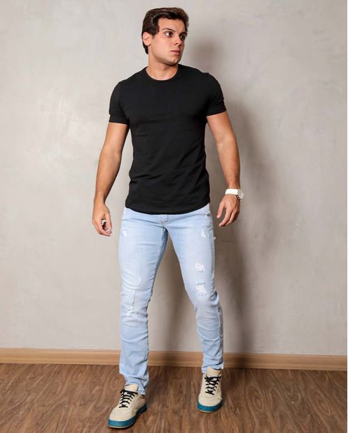 Calça  Jeans Masculina Slim Clara com Puídos - Linha Man Style   21502 Unica