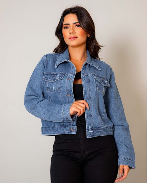 Jaqueta Jeans Feminina Cropped com Botões Revestidos 21698 Média