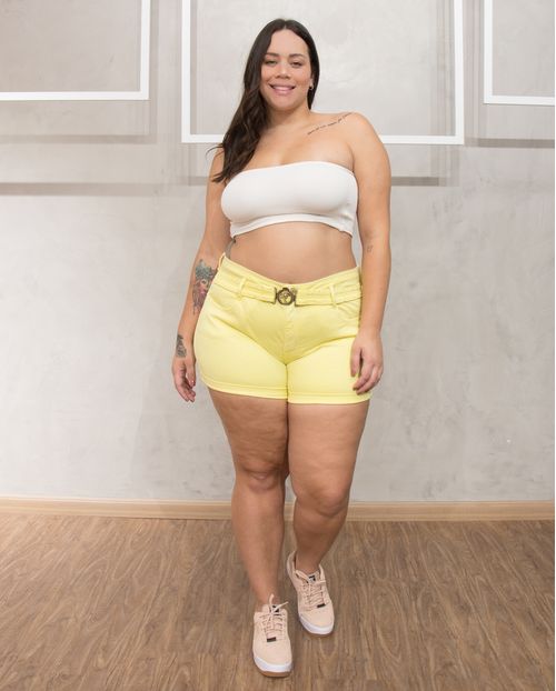 Shorts Feminino Plus Amarelo com Cinto   20106 Unica