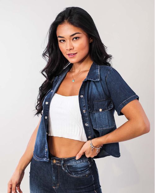 Camisa Jeans Feminina Cropped com Abertura Nas Costas 17197 Unica