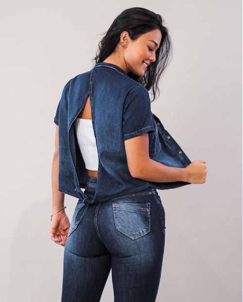 Camisa Jeans Feminina Cropped com Abertura Nas Costas 17197 Unica
