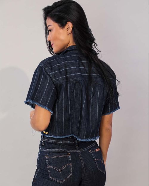 Camisa Jeans Feminina Cropped  Listrada com Barra Desfiada 17212 Unica