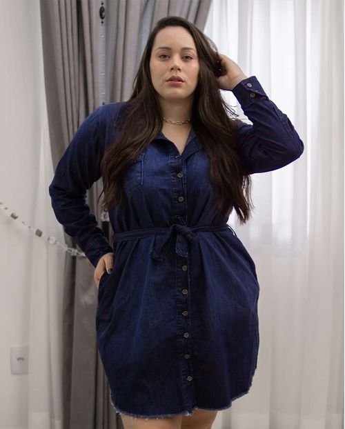 Chemise Jeans Feminina Plus Size com Cinto do Mesmo Tecido 16744	 Unica