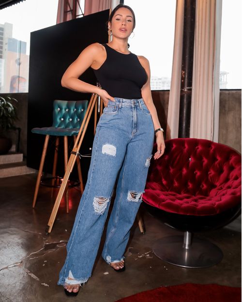 Calça Jeans Feminina Wide Leg Clara Rasgada   20488
 Unica