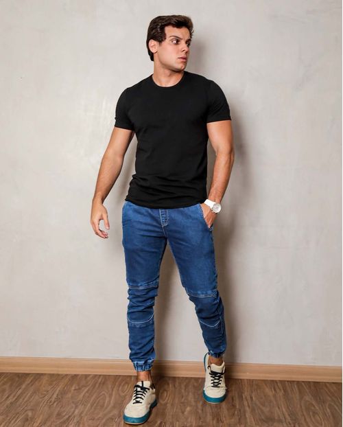 Calça Jeans Masculina Jogging Média com Recortes No Joelho - Linha Itália   21046 Unica