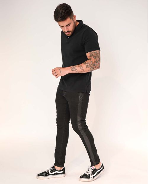 Calça Jeans Masculina Preta Super Skinny com Faixa Lateral de Couro  Linha Itália  21509 Preto