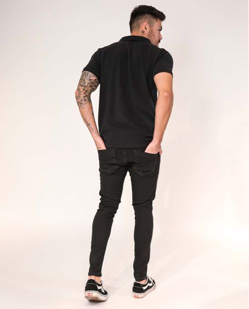 Calça Jeans Masculina Preta Super Skinny com Faixa Lateral de Couro  Linha Itália  21509 Preto