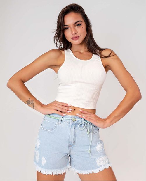 Shorts Jeans Feminino Boy Rasgado com Barra Desfiada 00233 Unica