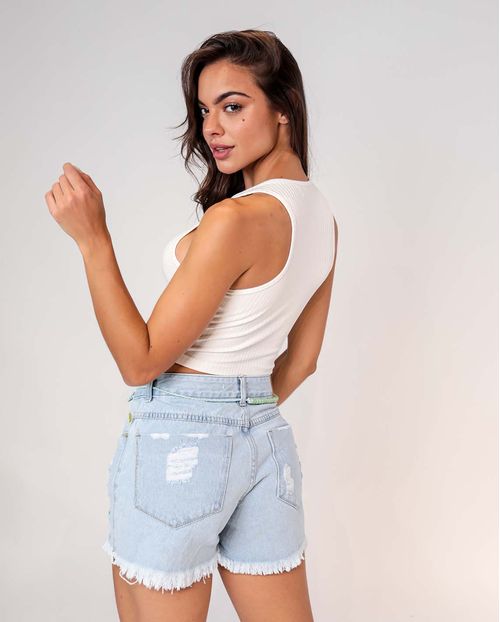 Shorts Jeans Feminino Boy Rasgado com Barra Desfiada 00233 Unica