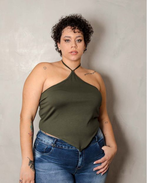 Blusa Feminina Plus Cropped Verde com Recorte Frontal 90089v Unica