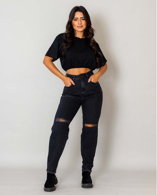 Calça Jeans Feminina Mom Rasgada com Barra Desfiada  00212 Preto