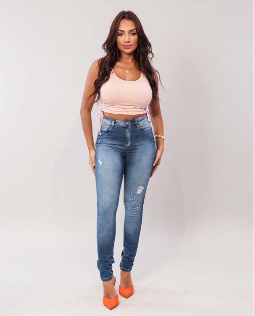 Calça Jeans Feminina Skinny Intermediaria Extreme Power com Puídos  21729 Média