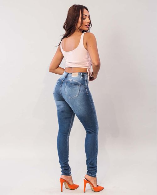 Calça Jeans Feminina Skinny Intermediaria Extreme Power com Puídos  21729 Média