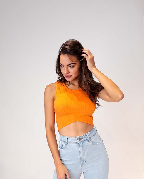 Regata Feminina Canelada Cropped com Recorte em V Laranja   90076l Unica