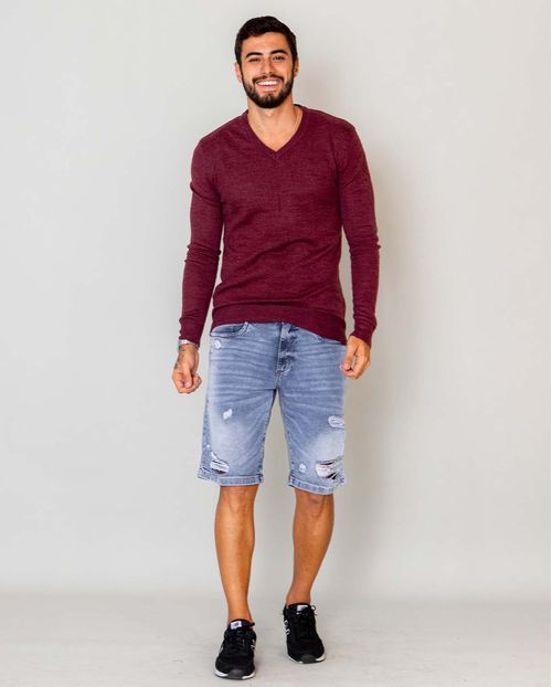 Bermuda Jeans Masculina com Rasgos e Puídos - Linha Itália  21597 Médio Sky