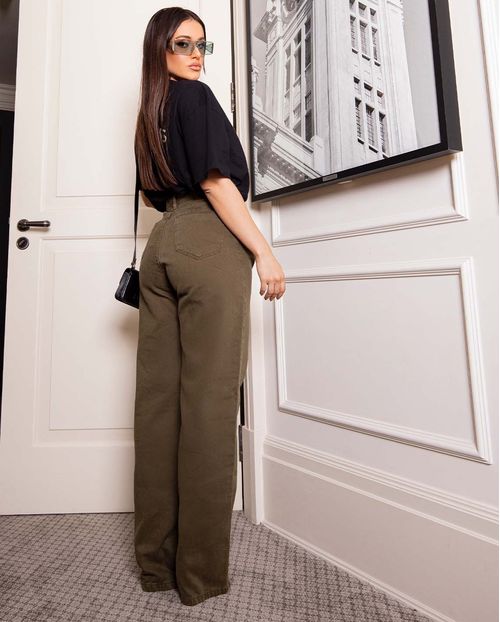 Calça Jeans Feminina Wide Leg Rasgada 29011 Verde Militar