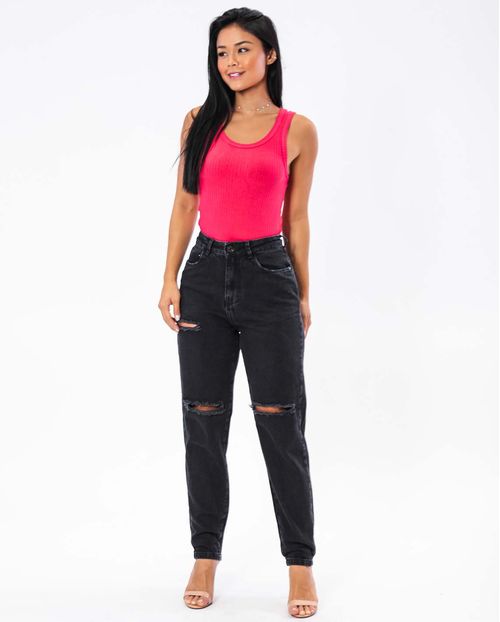 Calça Jeans Feminina Mom Básica 00115 Preta Rasgada