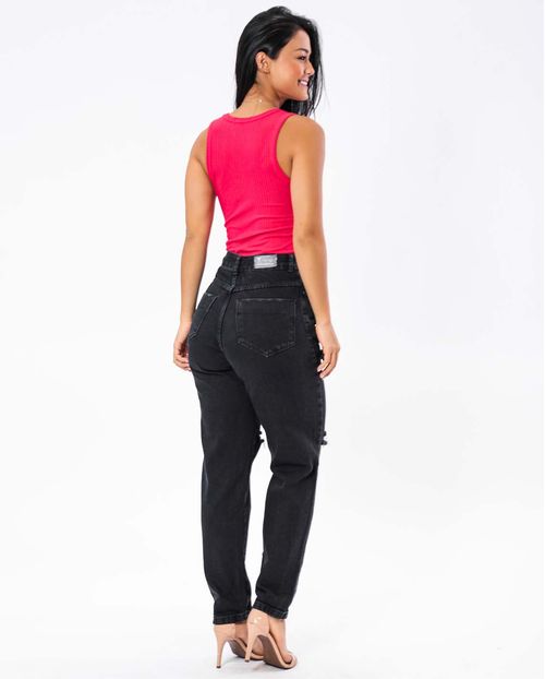 Calça Jeans Feminina Mom Básica 00115 Preta Rasgada