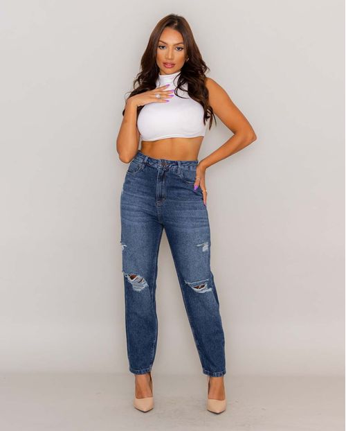 Calça Fem Mom  com Rasgos Na Perna 21892 Escura