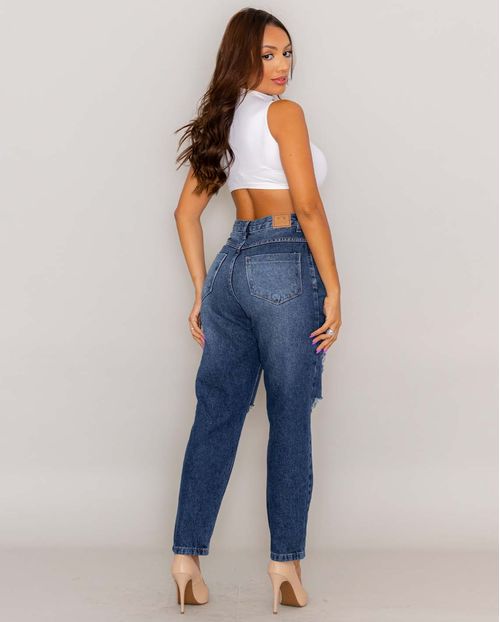 Calça Fem Mom  com Rasgos Na Perna 21892 Escura