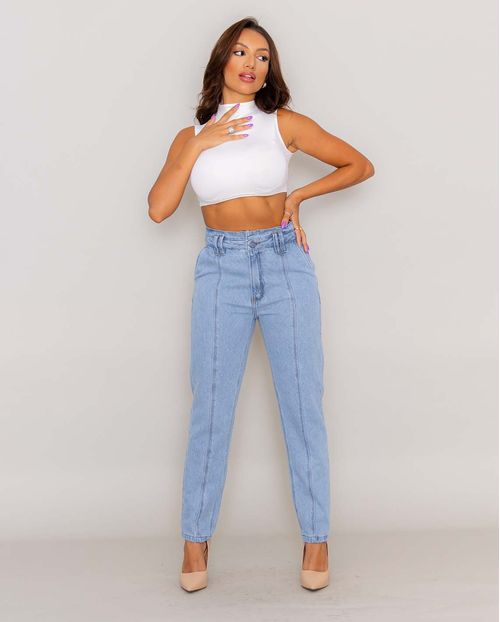 Calça Jeans Feminina Mom com Cós Clochard e Recorte Frontal 21889 Média