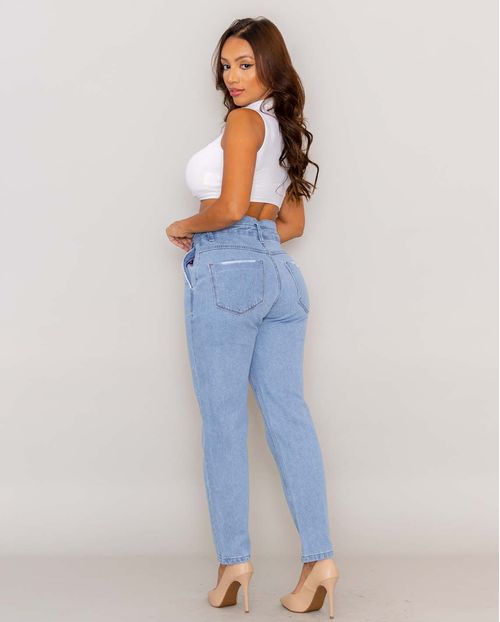 Calça Jeans Feminina Mom com Cós Clochard e Recorte Frontal 21889 Média