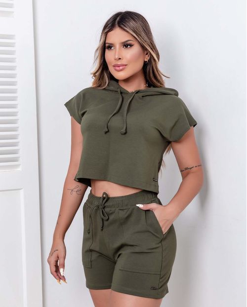 Conjunto Feminino Moletinho Consciência Blusa Cropped  com Capuz+ Shorts , Coleção Moletinho -90097 Verde