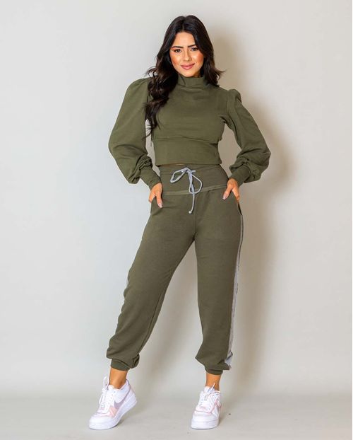 Conjunto Feminino Moletinho Blusa Manga Longa Cropped + Calça 90068 Verde Oliva