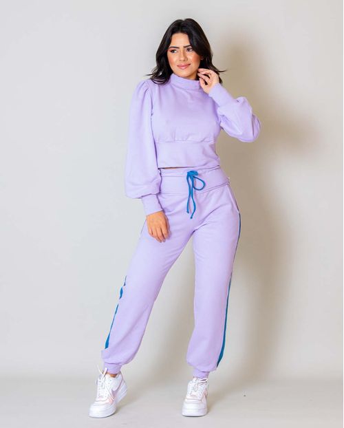 Conjunto Feminino Moletinho Blusa Manga Longa Cropped + Calça Lilás 90068l Unica