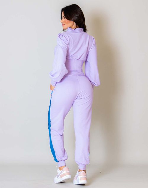 Conjunto Feminino Moletinho Blusa Manga Longa Cropped + Calça 90068 Lavanda