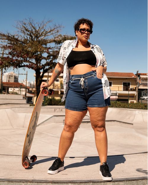 Shorts Feminino Plus  Rope  Consciência Jeans, Coleção Verão/22-22108 Escura