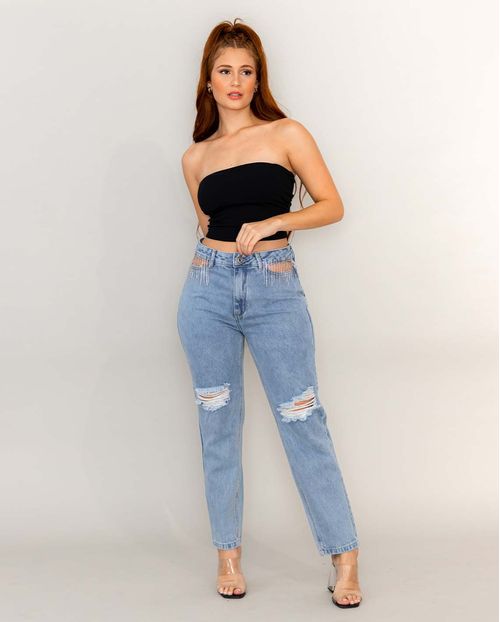 Calça Jeans Feminina Mom com Cut Out Aplicado com Strass 21867 Clara
