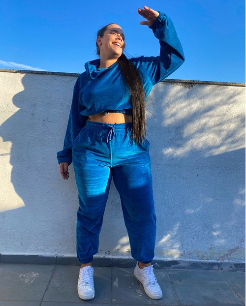 Conjunto Feminino Plus Plush Blusa Cropped Manga Longa e Calça 90053 Azul